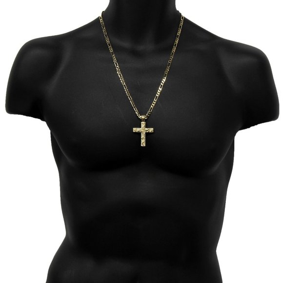 14k Gold Cross 24" Figaro Chain + Pendant - Picture 5 of 5